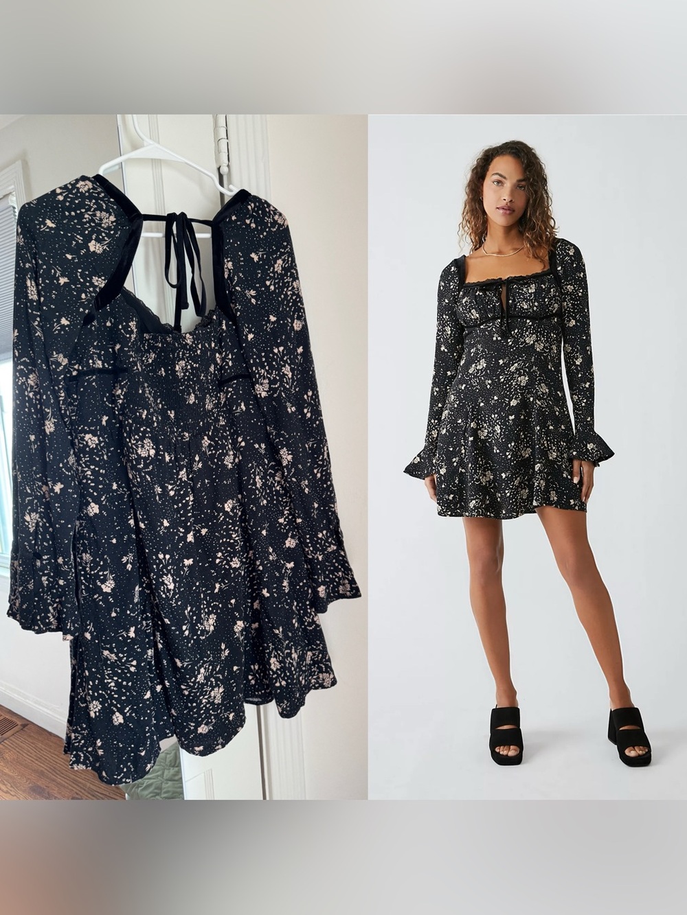 Free People Black Floral Square-Neck Long-Sleeve Tess Mini Dress Size L